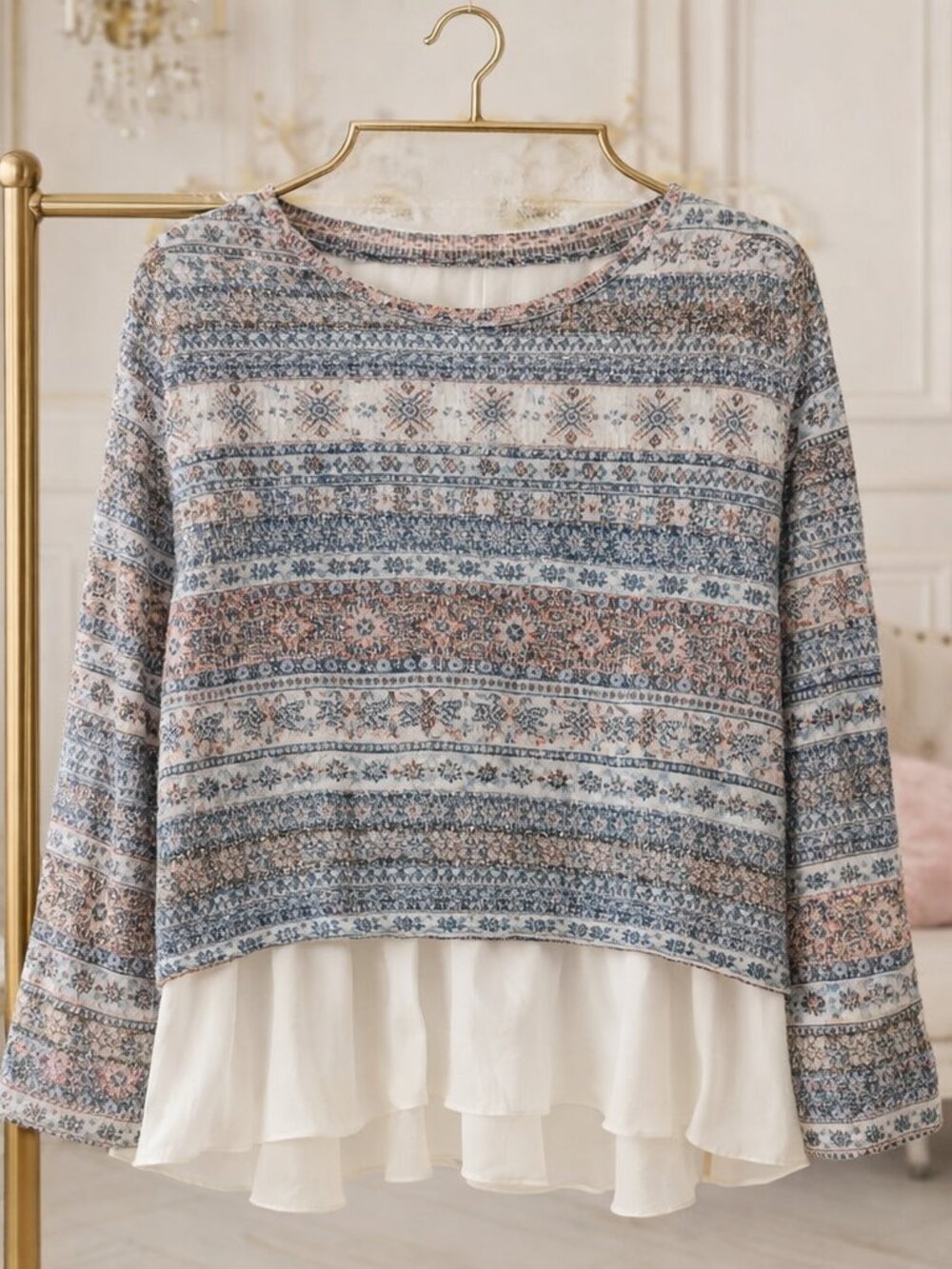 Boho Fair Isle Knit Top w/ Built‑In Ruffle Layer — KIARA S
